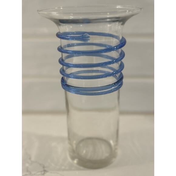 Vintage vase Applied Blue Swirl on Clear Glass Vase 8.75” Art Glass - Picture 2 of 13